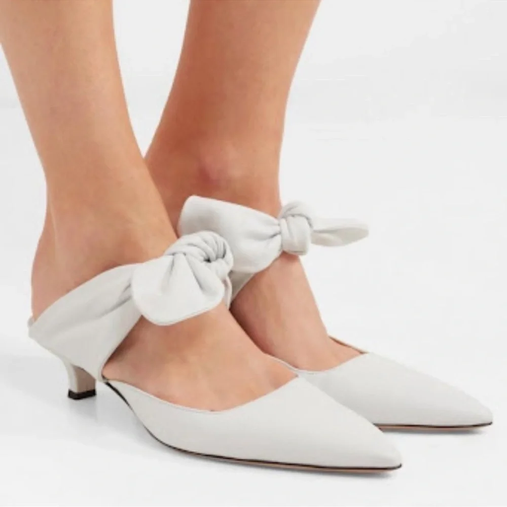 The Row White Leather Coco Bow Kitten Heel Mules sz 40